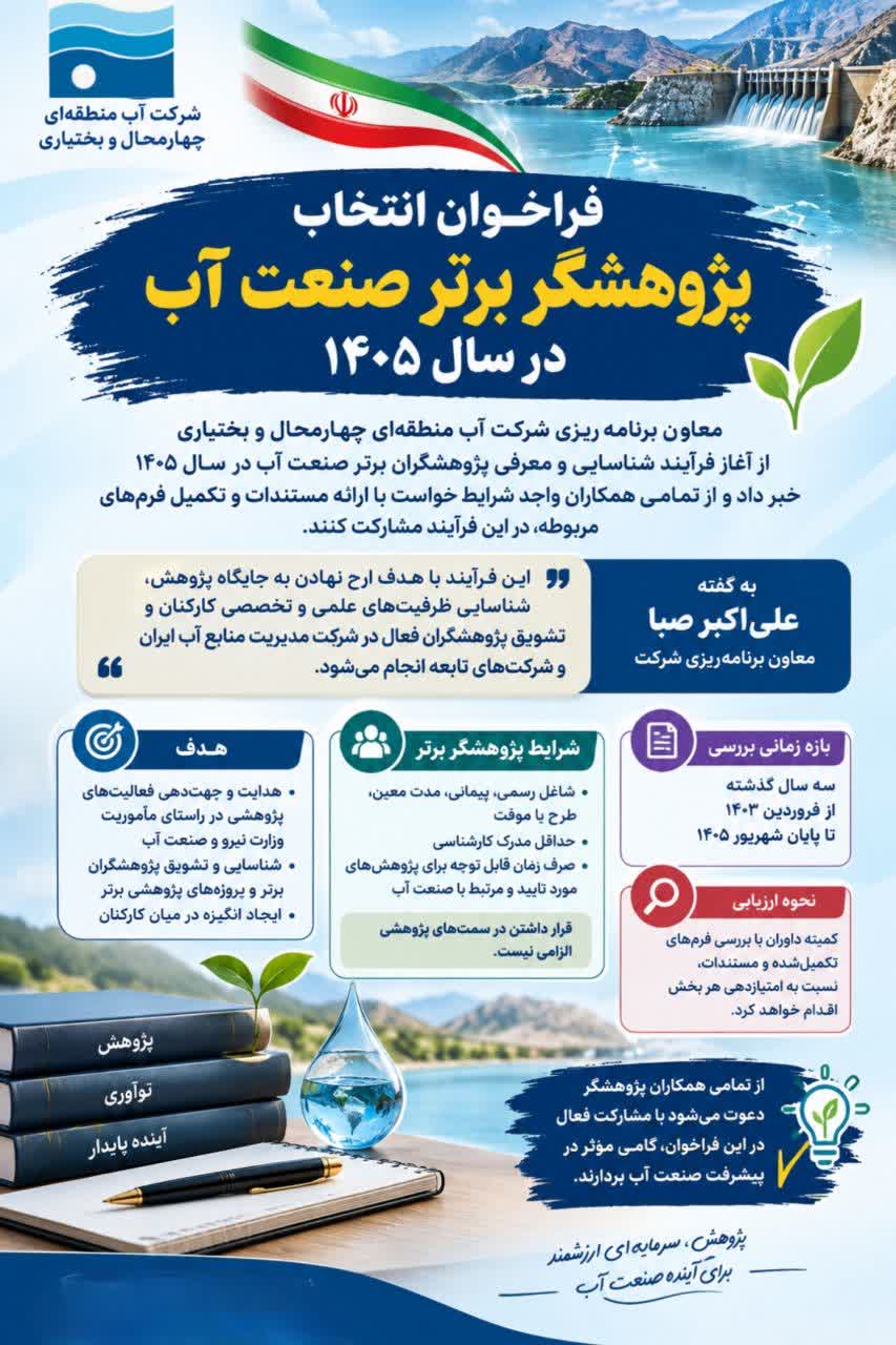 فراخوان انتخاب پژوهشگر برتر صنعت آب در سال ۱۴۰۵